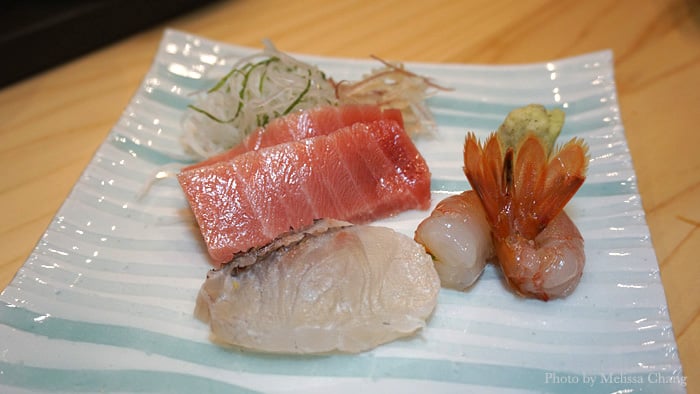 An assortment of sashimi to start: chutoro (fatty tuna), flounder and amaebi. 