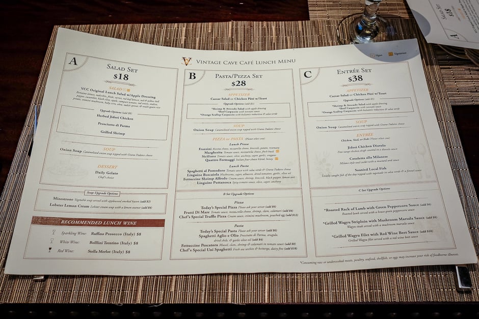Vintage Cave Cafe menu