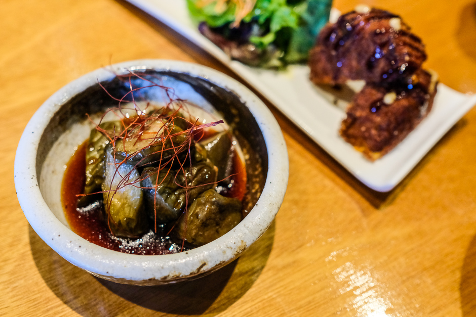 Nasu agebitashi or fried eggplant simmered in sweet soy dashi