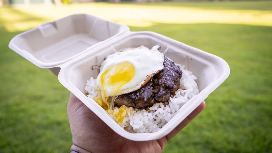 loco moco - beef patty on rice with a fried egg and gravy
