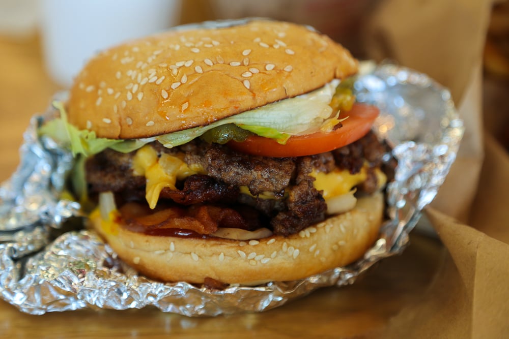 This is the cheeseburger ($10.39) and it comes with all the toppings you want. It's a double patty of responsibly sourced, fresh beef (there are no freezers in Five Guys since they do not believe in freezing anything) that is cheesy, juicy and filling. 