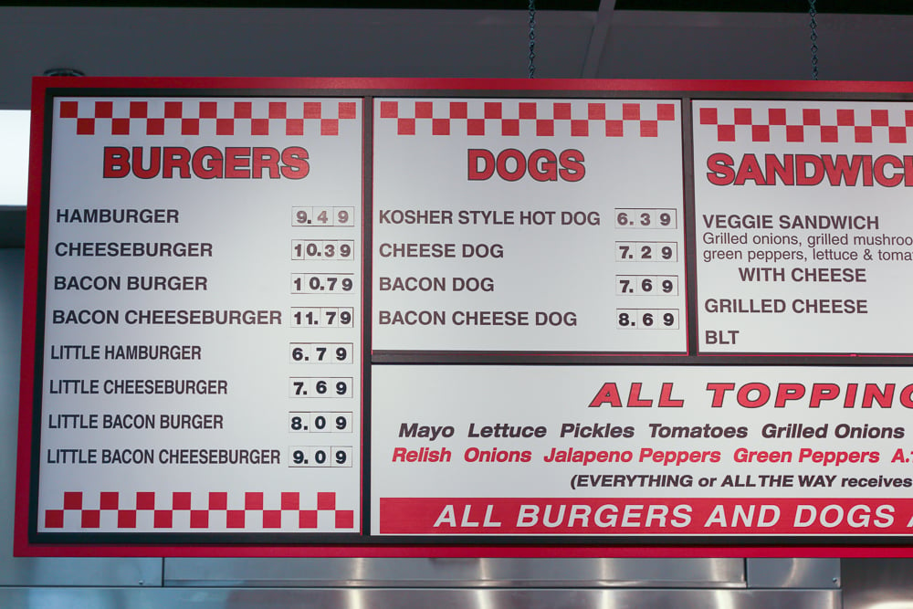 The burgers and hot dogs section of the menu. 