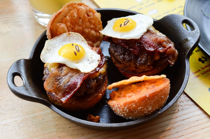 The Gudetama sliders made for a perfect main course. Two beef sliders are topped with cheese two ways, bacon two ways, ketchup leather and Gudetama in the form of a quail egg fried sunny-side up. 