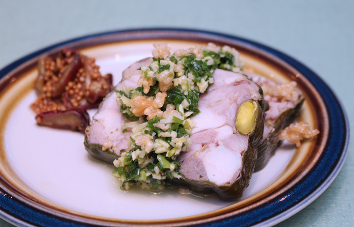 Cold ginger rabbit ($15) with the traditional ginger and green onions, crunchy puffed rice and mountain apple mostarda. A bold, tasty dish.
