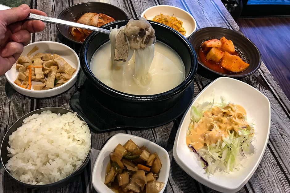 The oxtail bone soup, sollangtang with banchan is normally $15. 