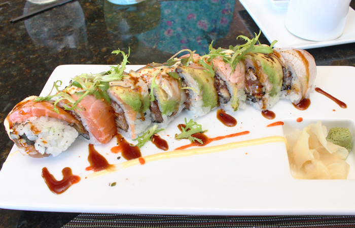 The Rijo sunset roll ($15) is a spicy tuna roll topped with unagi, hamachi, salmon and avocado. 