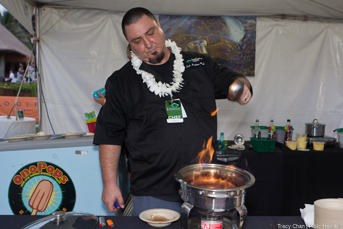 Chef Josh Welch of Onopops prepares a flambé made of Surinam cherry, Naked Cow Dairy Butter and Maui Rum's Overproof White for his Hawaiian Cherries Jubilee on a stick popsicle.