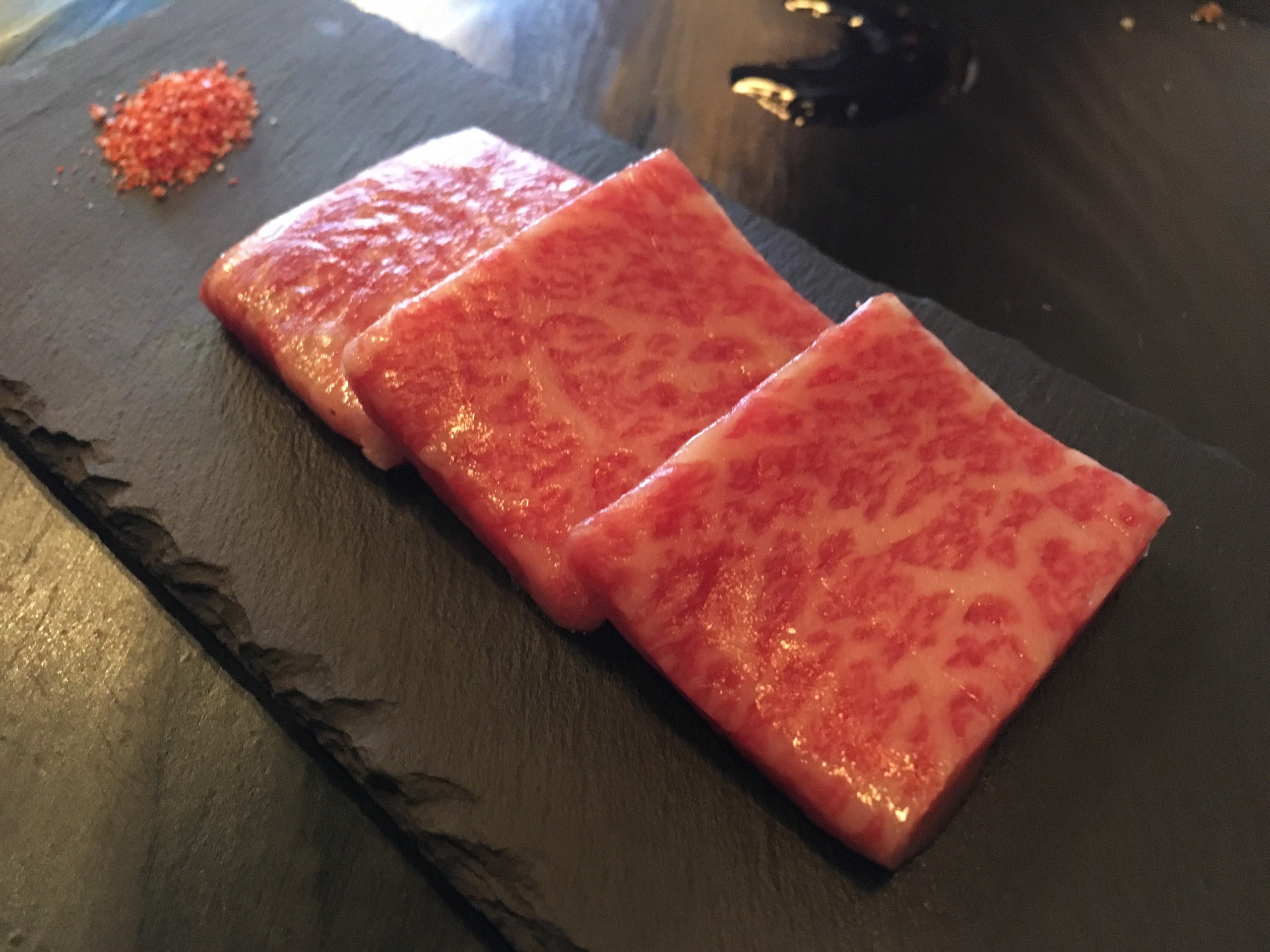 I've never had premium A5 Wagyu beef before so I couldn't resist ordering this despite its hefty price. But after I tried this tenderest of beef, I was so glad we splurged. Comes with a hot stone to grill. ($29.99 for 2 oz.)