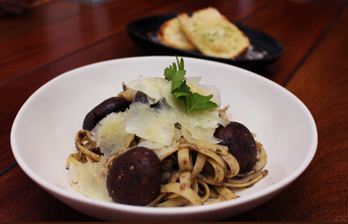 The fettuccini funghi ($16) is made with a duxelles of button and portobello mushrooms, butter, garlic, onions, port, sauteed crimini mushrooms and shaved parmesan.