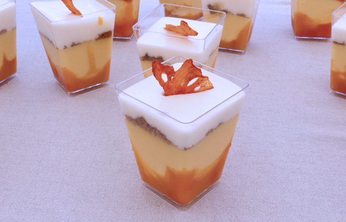 Pastry chef Jayme Vaniew of Morimoto Waikiki served a passion tofu cheesecake layered with a lilikoi cremeux, graham cracker crumble, tofu cheesecake and topped with a compressed li hing mui pineapple chip.