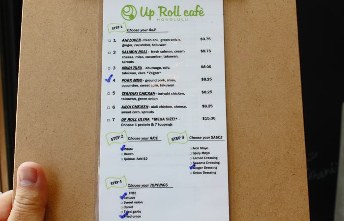 Use the clipboard ordering system to pick out your sushi roll, type of rice, sauce and toppings and hand it off to Anna or Manny and they will prepare it fresh for you. 