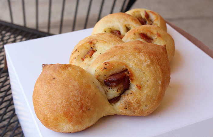Using baguette dough, Breadbox makes an "epi" ($5), a classic made to resemble stalks of wheat. Filled with bacon and cheese (pictured), spinach and garlic, or pizza flavors, these are big enough to share with a friend. 