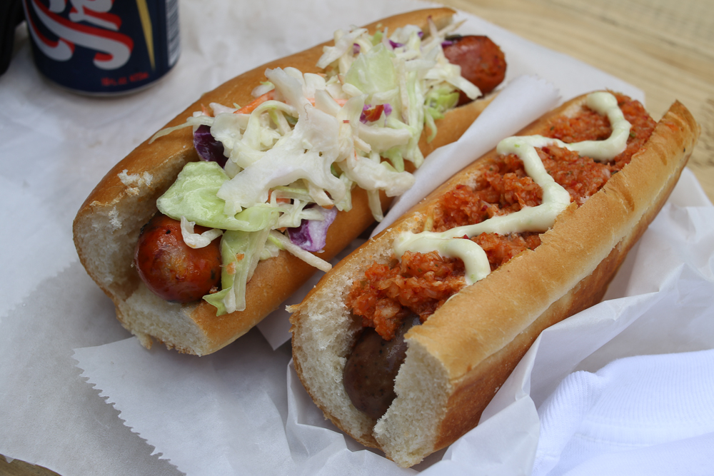 The spicy pork (left) is a nice hearty dog with a nice refreshing crunch from the cole slaw. The beef galbi dog is the perfect balance of sweet and savory with the big, bold flavors of the aioli and kimchi complementing it. Photo courtesy of Eric Baranda