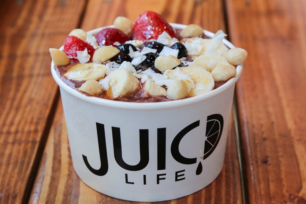 In addition to juice, you can customize your own 20 oz. bowl ($8.50) starting with regular acai, acai with greens (kale and spinach), acai with rice protein or prickly pear and top it off with any number of fruits or toppings including dates, bee pollen, chia seeds, granola and more.