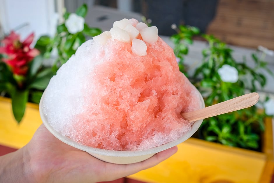 Sunrise shave ice with strawberry and lychee over banana ice cream