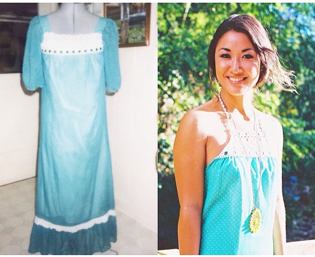 Love at Dawn transformation –  before and after. One-of-a-kind vintage sea mint mu’umu’u with white polka dots, eyelet detail around the neckline & hemline halter with low back size medium ($85). Designer Angela Matsuo.