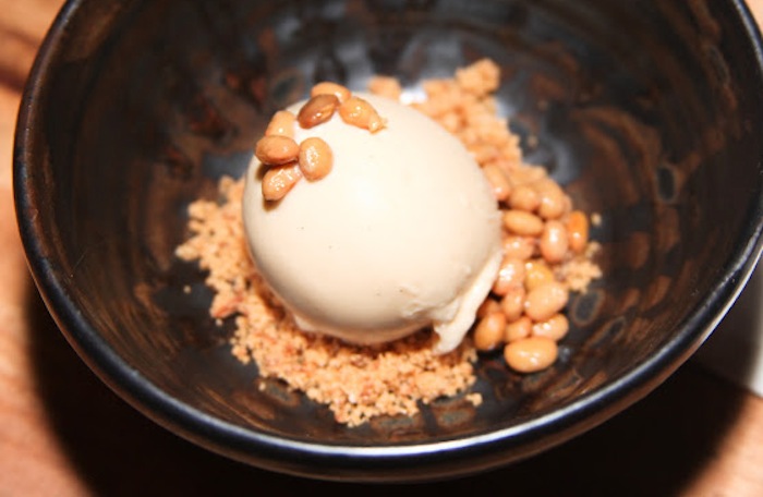 Natto gelato (yes, natto inside and out) with brown butter coconut crumble and bourbon maple sauce