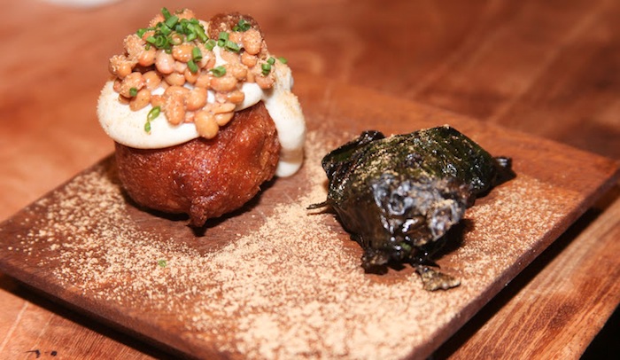 Natto beignet with parmesan and pickled date, and bo la lot of garlicky natto beef rolled in betel leaf and grilled
