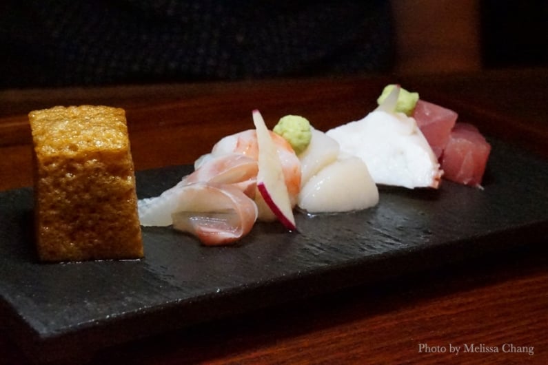 Sashimi with soy sauce cube