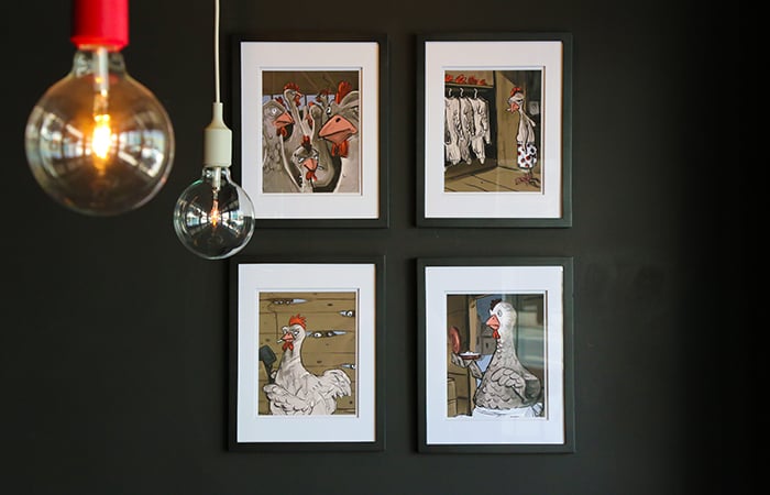 Kim tracked down illustrator Matt Collins and commissioned original pieces for the Dumb Coq.