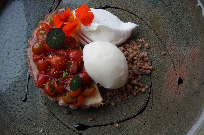 Tomato tart with lemongrass olive oil sorbet at Stage