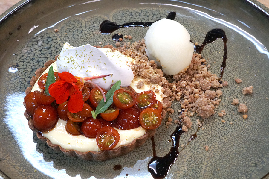 Tomato tart with lemongrass olive oil sorbet at stage