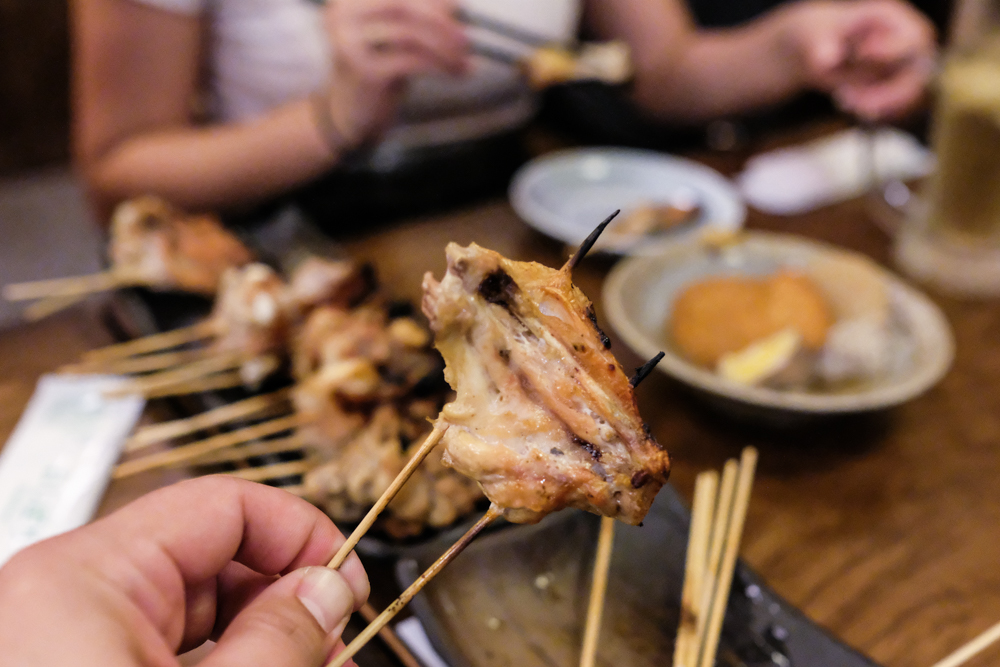 Tebasaki or wing ($1.90) is filleted and spread like, well, a wing across two kushi. 
