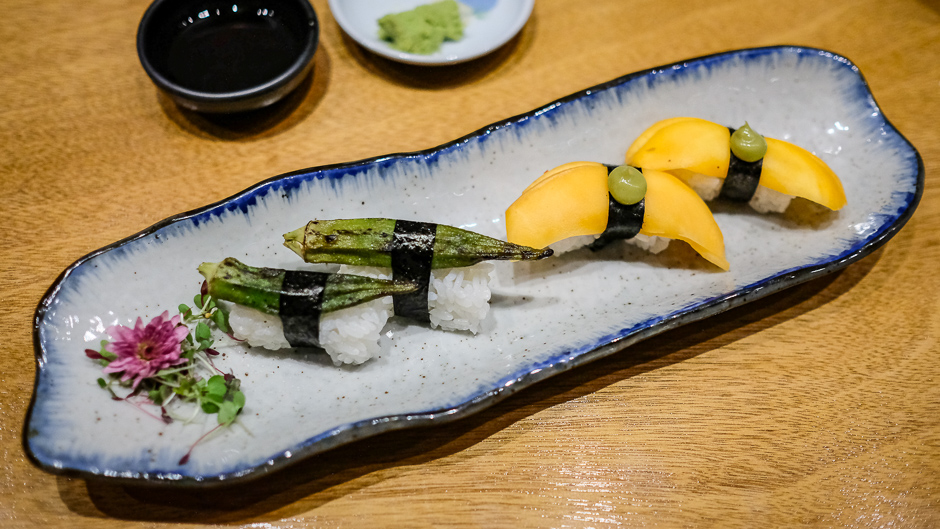okra and pickled mango nigiri