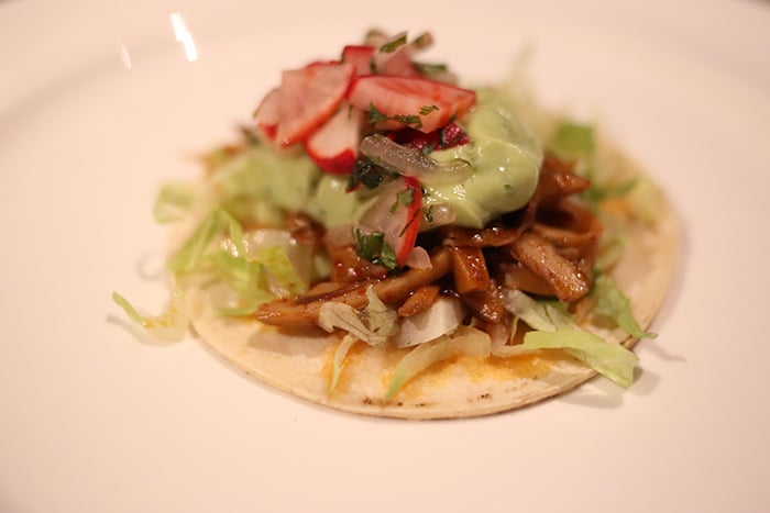 Ali'i Mushroom Tacos, Avocado Yogurt, Smoked Chiles and Radish Salsa by Ox Restaurant, Portland, OR. Locally produced by: Hamakua Mushrooms, Maui Farmer's Co Op Exchange, Naked Cow Dairy
