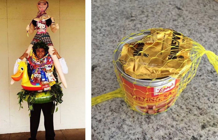 Left, Daniel Balmores' nephew bedecked with an inflatable sex doll. Right, Shawn Nakamoto's son got a lei made of Vienna sausage cans and condoms.