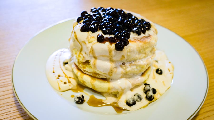 souffle pancakes with boba and brown sugar foam