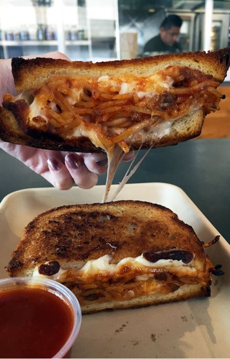 Spaghetti grilled cheese: a mash-up of two American classics.