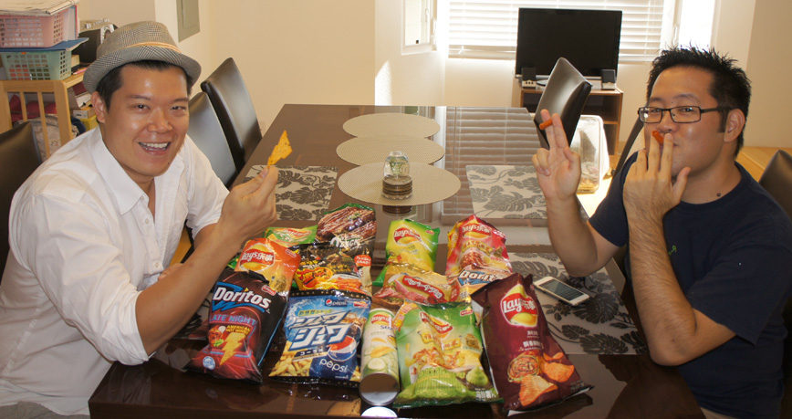 Will (left) and Marv with the entire collection of snacks that we tasted.