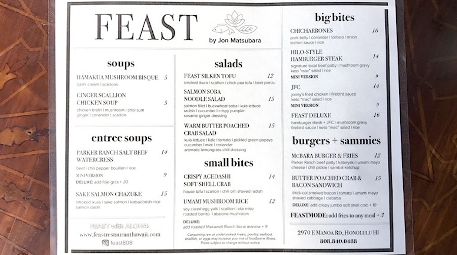 the menu at feast