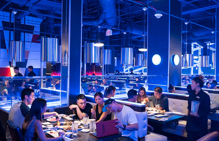 The interior of the restaurant is modern, clean and very blue 