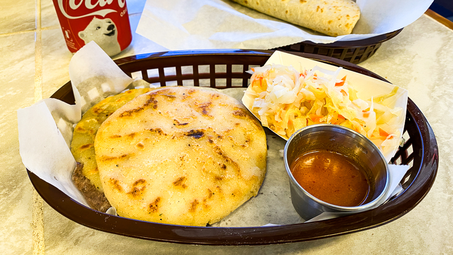 pupusas, corn flatbread stuffed with beans, pork and cheese