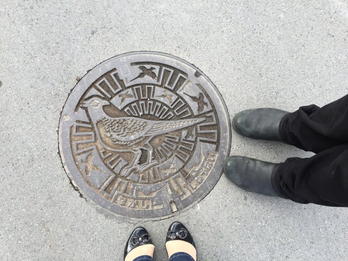 Every city in Japan has its own manhole cover design. Here's what we saw on our way to the brewery.