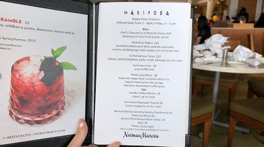 Mariposa happy hour menu
