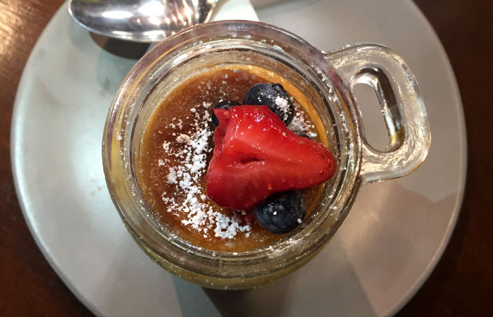 The caramelized honey crème brulee ($8) is adorned with berries and vanilla whip. The petite mason jar it comes in just makes it more appealing.