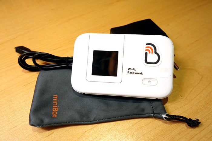 The Bienvenue pocket mifi comes with a carrying case and charger cord.