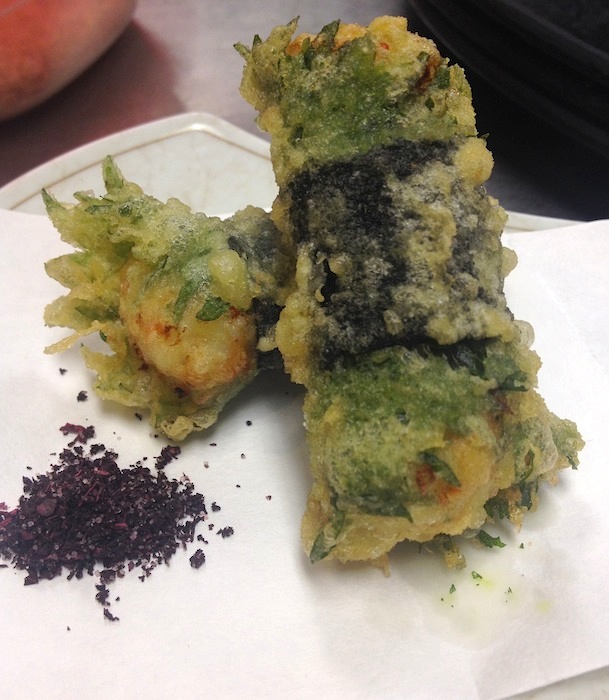 Ika natto shiso tempura of squid, okra, tobiko, natto and green onion wrapped in shiso and nori