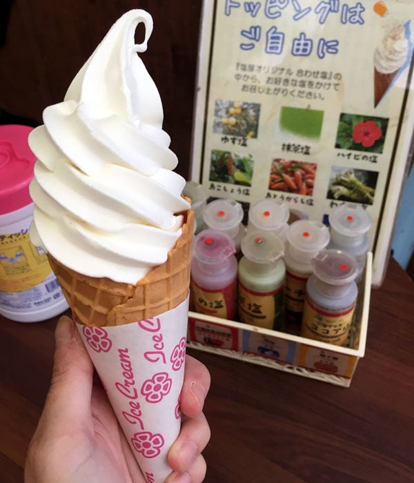 Of all the salts we tried (black sesame, cocoa, hibiscus, matcha and more) I liked the wasabi flavor best. It gives the sweet yukisio soft serve the perfect amount of saltiness and heat. Wasabi salted soft serve...who knew?