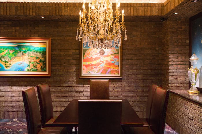 Vintage Cave Cafe offers four different private dining rooms, each with their own unique paintings and Swarovski crystal chandelier