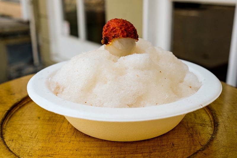 Lychee from Hilo is flown in to make this crisp and refreshing summer-only shave ice. 