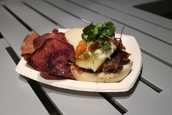 Beer Braised Oxtail Pubslider by Real A Gastropub, Honolulu, O'ahu. Locally produced by: Kulana Foods, LNR Farm ENT., LLC., Maui Farmer's Co Op Exchange, Naked Cow Dairy, Rhey's Hawaiian Honey, Wailea AG