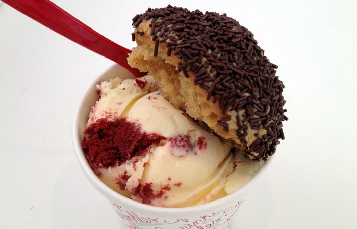 Peanut butter chip cupcake with luscious red velvet ice cream in between is one of my favorite combos.