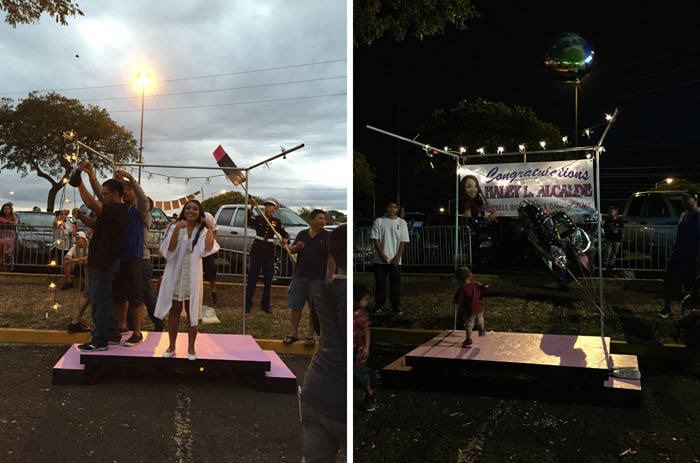One family built their graduate a stage, with lights and a banner.