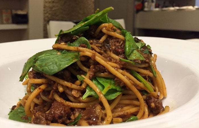 The Siciliana is the features spaghetti topped with homemade beef ragu sauce, eggplant, spinach and garlic. And it’s drizzled with balsamic.