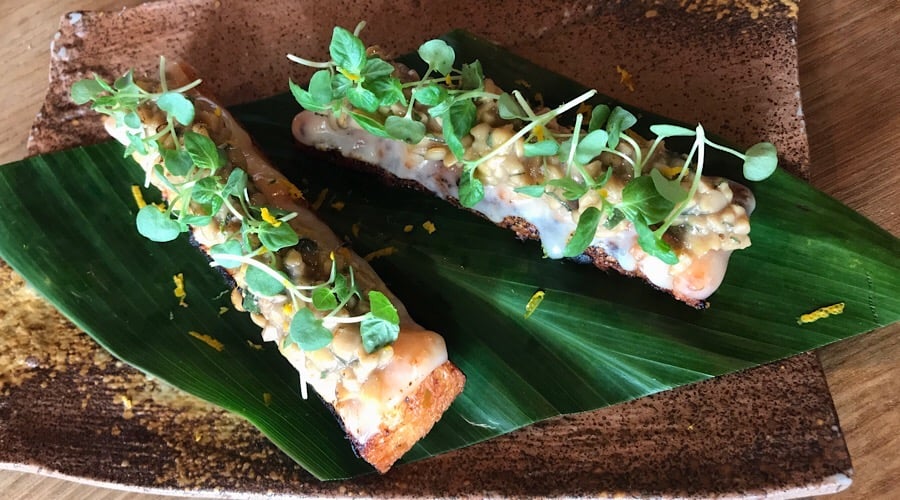 natto toast with orange zest and gruyere cheese