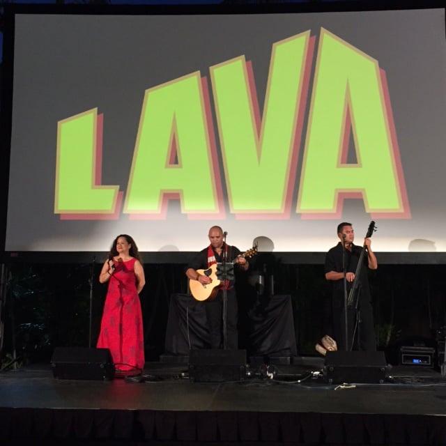  Napua Greig (left) and Kuana Torres Kahele (center) performed last Friday evening as part of the "Lava" screening at the IBM Building